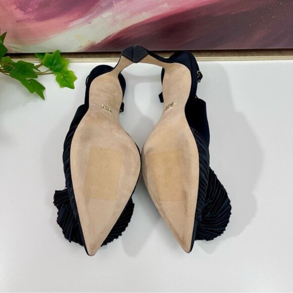 Badgley Mischka Blaire Pleated Satin Slingback Heels with Floral Detail Black 10 - Picture 10 of 11